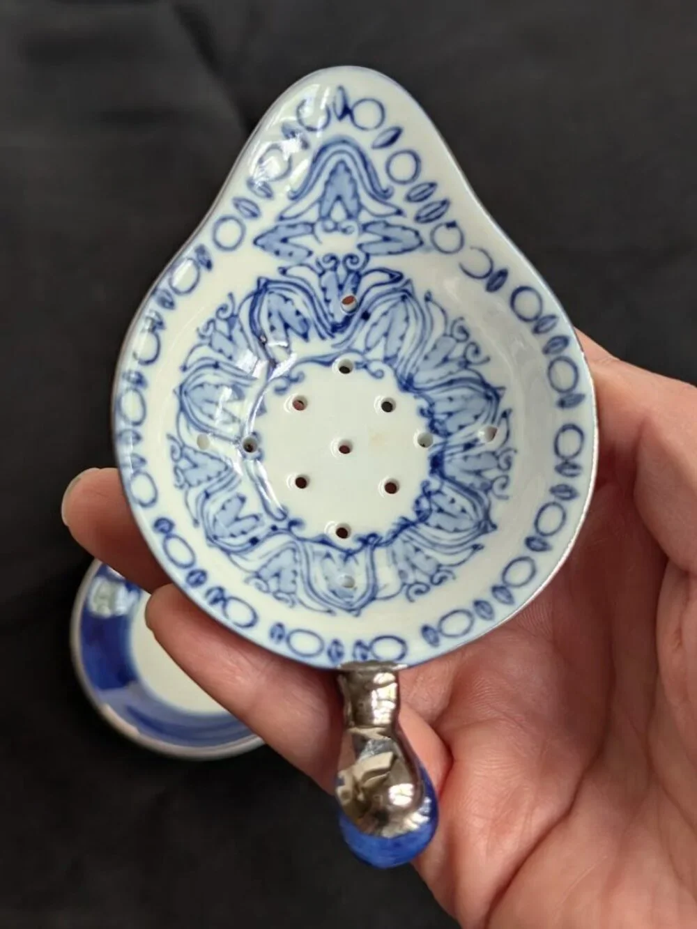 Vintage Bombay Company Blue & White Porcelain Tea Strainer with Drip Bowl